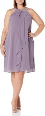 S.L. Fashions Women's Plus Size Jewel Neck Chiffon Halter Dress