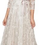 Alex Evenings Women's Tea Length Embroidered Cocktail Dress with Illusion Sleeves, Wedding Guest (Petite and Regular Sizes), New Taupe, 12