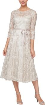 Alex Evenings Women's Tea Length Embroidered Cocktail Dress with Illusion Sleeves, Wedding Guest (Petite and Regular Sizes), New Taupe, 12